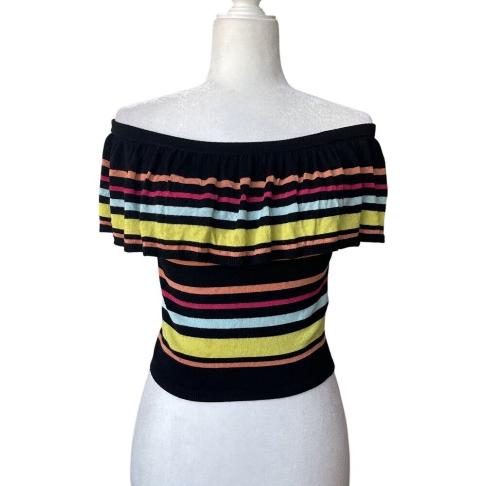 VTG Guess Y2K Cropped Top Small‎ Multicolor Striped Rainbow Ruffle Coquette